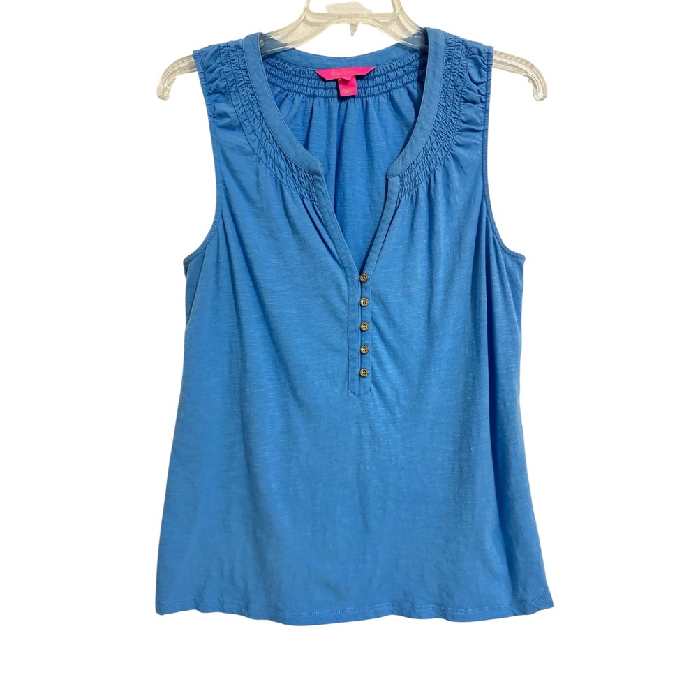 Lilly Pulitzer Blue Cotton Slub Smocked Sleeveless Split Neck Top  Large